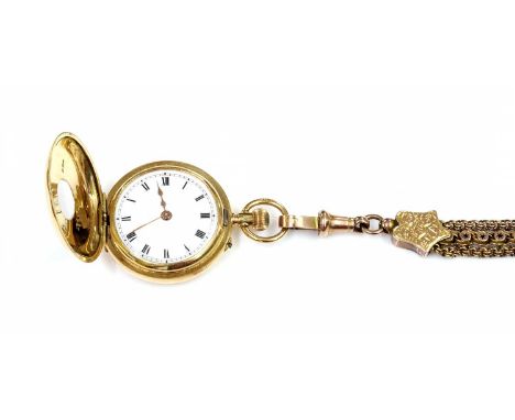 A ladies' 18ct gold side wind enamel half hunter fob watch and Albertine, c.1910,with a 27mm case. A champlevé and guilloché 