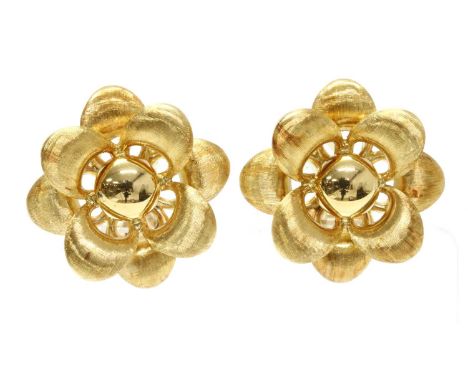 A pair of Italian gold hollow flower head earrings,with a plain polished bouton centre. Two rows of lobed petals with a Flore