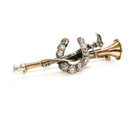 A cased diamond set hunting horn, horseshoe and crop bar brooch, c.1900,the horn with an applied horseshoe with a row of grad