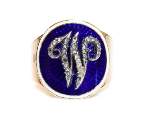 A Georgian gold, enamel and diamond set memorial ring, c.1790,with an arched circular plaque style head, with an applied scri