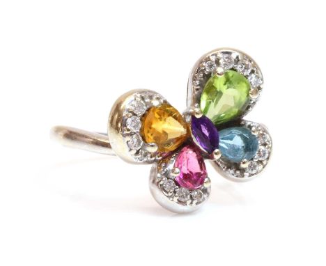 An 18ct white gold gemstone and diamond set butterfly ring,with graduated pear cut peridot, citrine, blue topaz and pink tour
