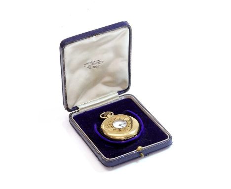 An 18ct gold Swiss side wind half hunter pocket watch,5.50mm diameter, Kew certificated class 'A'. Black enamel Arabic numera