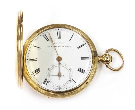 An 18ct gold key wound hunter pocket watch, 47mm diameter, with circular barley engine turned decoration to both covers and a