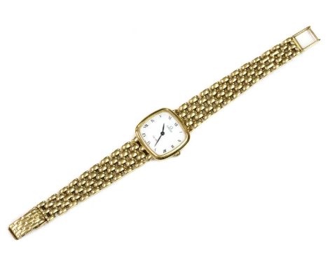 A ladies' 18ct gold Omega 'de Ville' quartz bracelet watch,with a cushion shaped case 23.8mm diameter. A white enamel dial wi