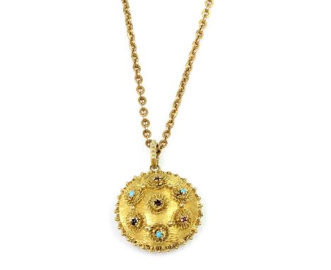A Regency gold circular gem set pendant, c.1820,with a cluster of cannetille flower heads set alternatively with cabochon tur