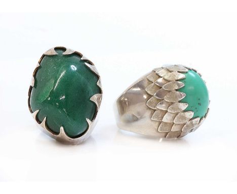 A single stone turquoise ring, by Iris Oakes, c.1970, with an oval cabochon turquoise, claw set to a deeply domed head. Layer