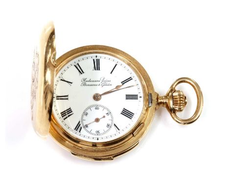 A Swiss 14ct gold hunter repeater fob watch,36mm diameter, with a hand engraved monogram to the front cover. A white enamel d