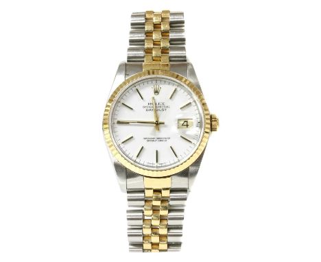 A gentlemen's bi-colour Rolex 'Oyster Perpetual Datejust' automatic bracelet watch, c.1990,model no. 16233. With a white enam