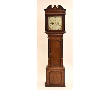 A George III inlaid oak and mahogany painted dial longcase clock, by Inigo Smith of Wrexham, the hood with swan-neck pediment