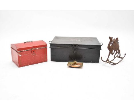 A late 19th century tin trunk, dated '1873', 53cm wide x 38cm deep x 20cm high, a red, domed top box, 31cm wide x 22cm deep x