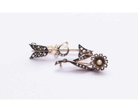 A 19th century rose cut diamond arrow and crescent bar brooch, together with a rose cut diamond and seed pearl flower brooch,
