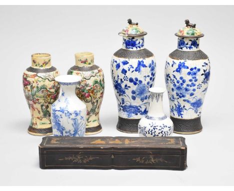 A miscellaneous collection of Oriental porcelain and works of art, including two pairs of late 19th century crackle glaze vas