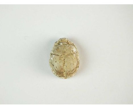Faience scarab with detail to the carapace, legs folded back along the side of the body; pierced for suspension. To the under