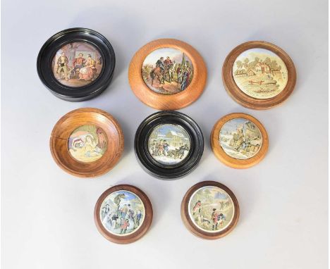 A group of framed prattware pot lidscomprising 'Victor Emmanuel and Garibaldi'; 'Little Red Riding Hood and the Wolf'; 'Hunti