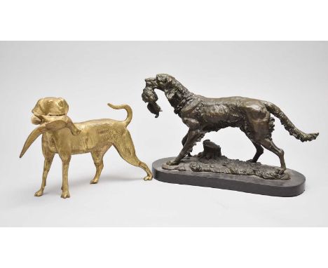 A bronze figure of a hunting dog with game bird, manner of Jules Moigniez, modelled in mid stride on a 'grassy' base, set on 