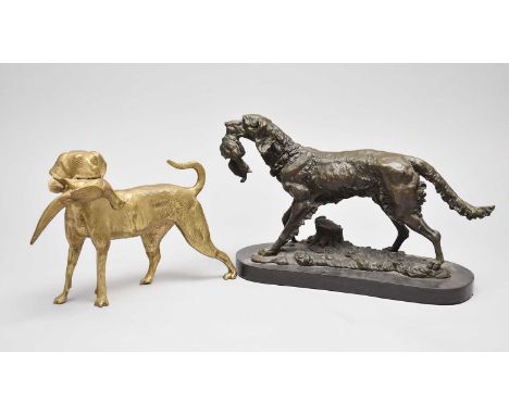 A bronze figure of a hunting dog with game bird, manner of Jules Moigniez, modelled in mid stride on a 'grassy' base, set on 