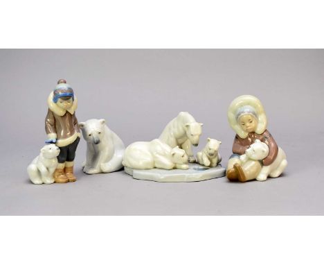 A group of four Lladro figurescomprising a single Polar Bear, a group of three Polar Bears titled 'Bearly Love', model 1443 a