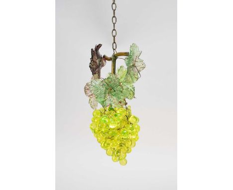 An Italian Murano glass ceiling light pendant in the form of a bunch of green grapes, with purple and lighter green leaves, a