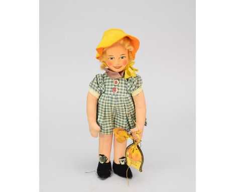 A Merrythought 'Binnie Hale' doll, stuffed and painted felt body wearing a green gingham dress and yellow bonnet, labelled to