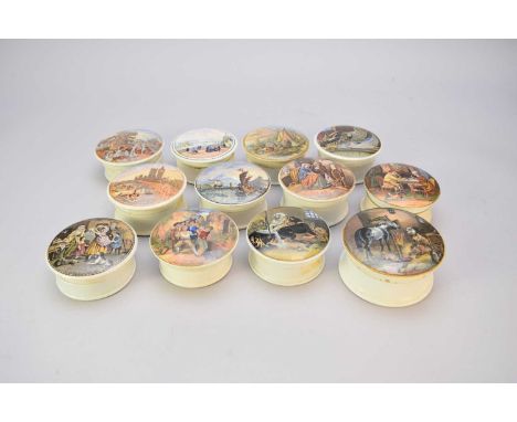 A collection of twelve prattware pot lids with basescomprising 'Country Quarters'; 'The Wolf and the Lamb'; 'A Pretty Kettle 