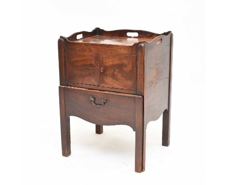 A George III mahogany tray-top, bedside commode, some damage, 55.5cm wide x 48cm deep x 76cm high                            