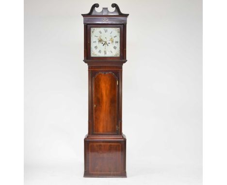 A George III inlaid mahogany painted dial longcase clock, Walter Walson of Altrincham, the hood with swan neck pediment and r