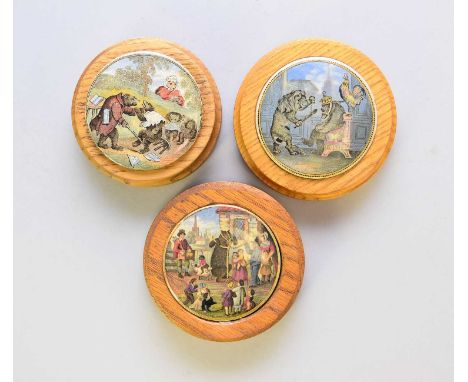 Three framed prattware pot lidscomprising 'Bear, Lion and Cock' after Jesse Austin's original drawing, a satirical commentary