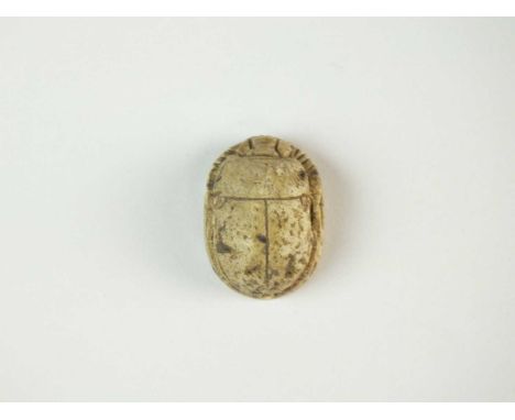 Faience scarab with modelled carapace and legs folded to the side of the body; pierced for suspension. To the underside is a 