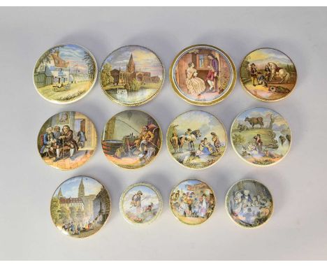 Twelve prattware pot lidscomprising 'The Parish Beadle'; 'Snap Dragon', 8cm diameter; 'I Consent She Replied, If you Promise 