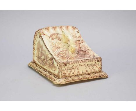 An Aesthetic Movement Burgess and Leigh cheese dish and standcirca 1891transfer-printed in underglaze brown with animals and 