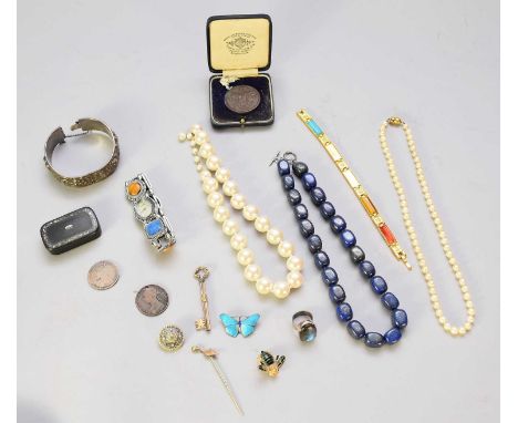 A collection of various pieces of costume jewellery, to include; a sliver hinged bangle, a silver and enamel butterfly brooch