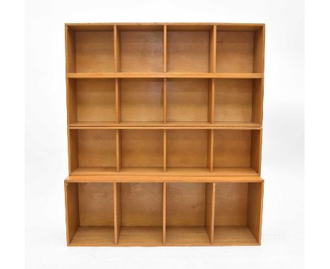 Four Unix light oak modular box shelf units, comprising three at 108cm long x 28cm high x 20cm deep and one at 108long x 38cm