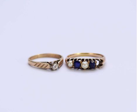 A 9ct gold single stone diamond ring, together with a blue stone and pearl ring (at fault), total weight approx 4.2g (2)