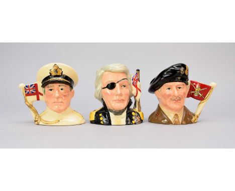 Three Royal Doulton character jugs, comprising Viscount Montgomery of Alamein and Earl Mountbatten of Burma, model numbers D6