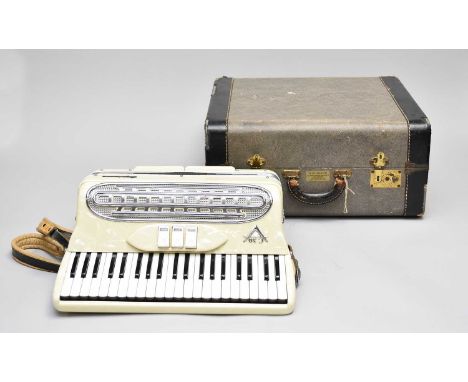 A Suprema C30 Italian accordion with case, in white pearlescent body with chromed sound grille, 41 key keyboard, 120 bass key