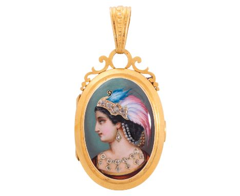Belle Epoque Medaillonanhänger "Dame mit Federkopfschmuck" und Diamantrosen, feines Malemail, GG 18K feuervergoldet, 14,5 g, 