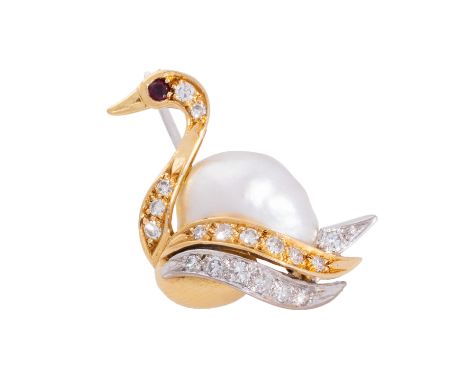 Brosche "Schwan" mit Perle und Diamanten von zus. ca. 0,25 ct, gute Farbe u. Reinheit, Südsee-Keshiperle, kleiner Rubin, 4,4 