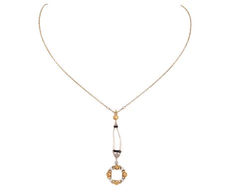 Art Déco zierliches Collier mit Perlchen, Diamanten und schwarzem Email, GG/WG 14K, 4 g, L: 45 cm, Abhängung L. ca. 5 cm, Anf