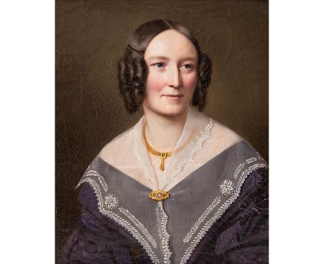 BIEDERMEIER-PORTRAITIST "Halbbildnis einer grossbürgerlichen Dame mit prächtiger Halskette" Öl auf Leinwand, HxB: 31/25 cm., 