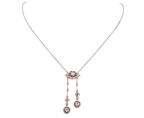 Jugenstil/Art Déco Collier mit Altschliffdiamanten von zus. ca. 0,90 ct, gute Farbe u. Reinheit, Rahmen 14K GG, Schauseite u.