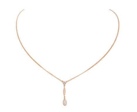 Zierliches Collier mit Diamanten und ovalem Opal im abhängenden Mittelteil, RSG 18K, 4,5 g, L: 41 cm, 21. Jh., guter Erhalt.|