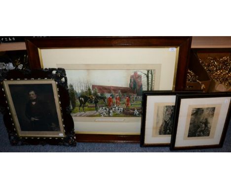 After Archibald Thorburn, Grouse in flight and pheasants in landscape, prints; together with a framed print of a gentleman; a