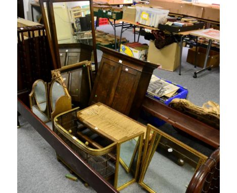 An oak hanging cupboard, a rope work stool, a fender, two tryptic mirrors and four other various mirrors (9)