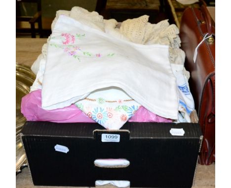 A quantity of linen, quilt, bag and a sword stick 