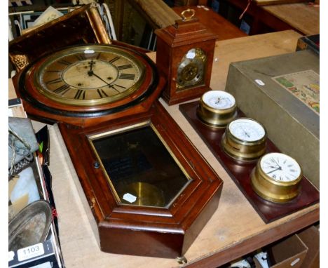 A mahogany cased drop dial wall clock; a mantel clock and a barometer 