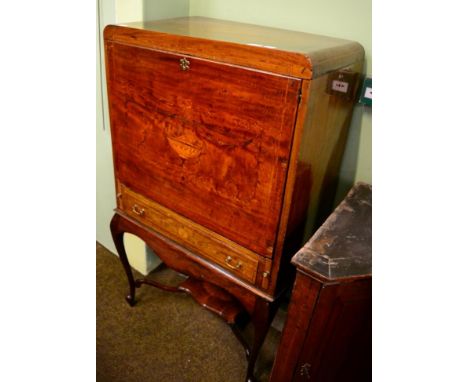 An Edwardian mahogany, satinwood banded and marquetry inlaid writing cabinet on stand, early 20th century, the top inlaid wit