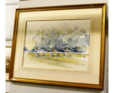 British School (Contemporary), At the gallops, monogrammed watercolour; together with a print of cock fighting after Hogarth;