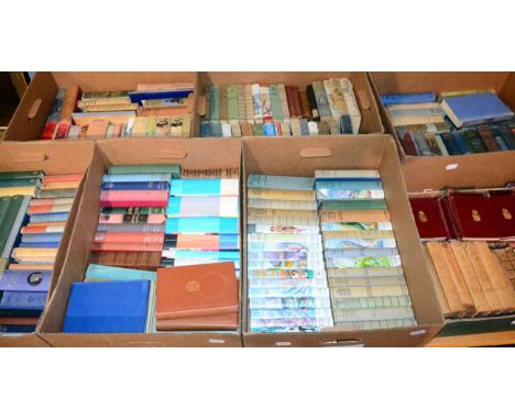 Seven boxes of books, many children's novels including Chalet School (some in jackets), Ransome's (including firsts, no jacke