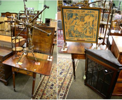 An early 19th century mahogany Pembroke table; a glazed corner cupboard; a firescreen with a tapestry inset; a spinning wheel