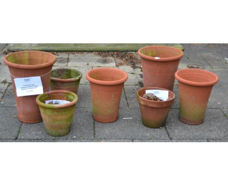 A single plank garden bench together with seven terracotta planters 